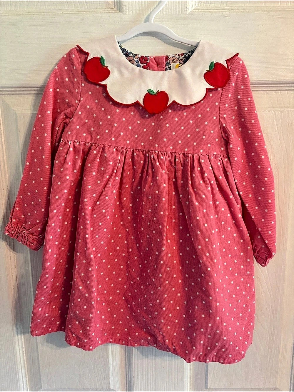 Baby Boden Apple Collar Corduroy Dress Pink & White Girls 2-3Y